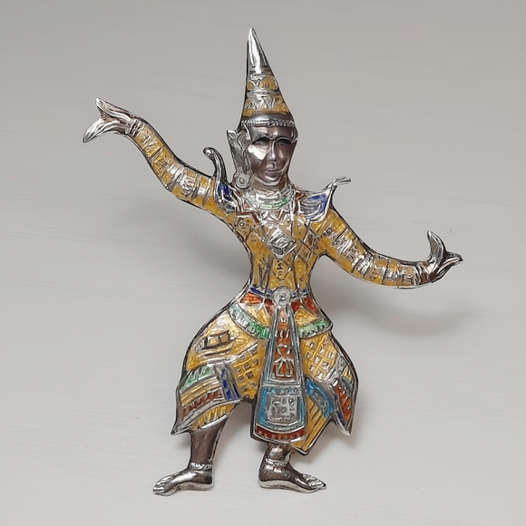 Vintage Sterling Silver Thailand Traditional Khon Dancer Brooch Pin - Picture 1 of 9
